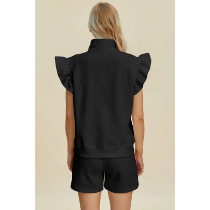 Double Take Full Size Texture Flounce Sleeve Top and Shorts Set.