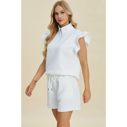 Double Take Full Size Texture Flounce Sleeve Top and Shorts Set.