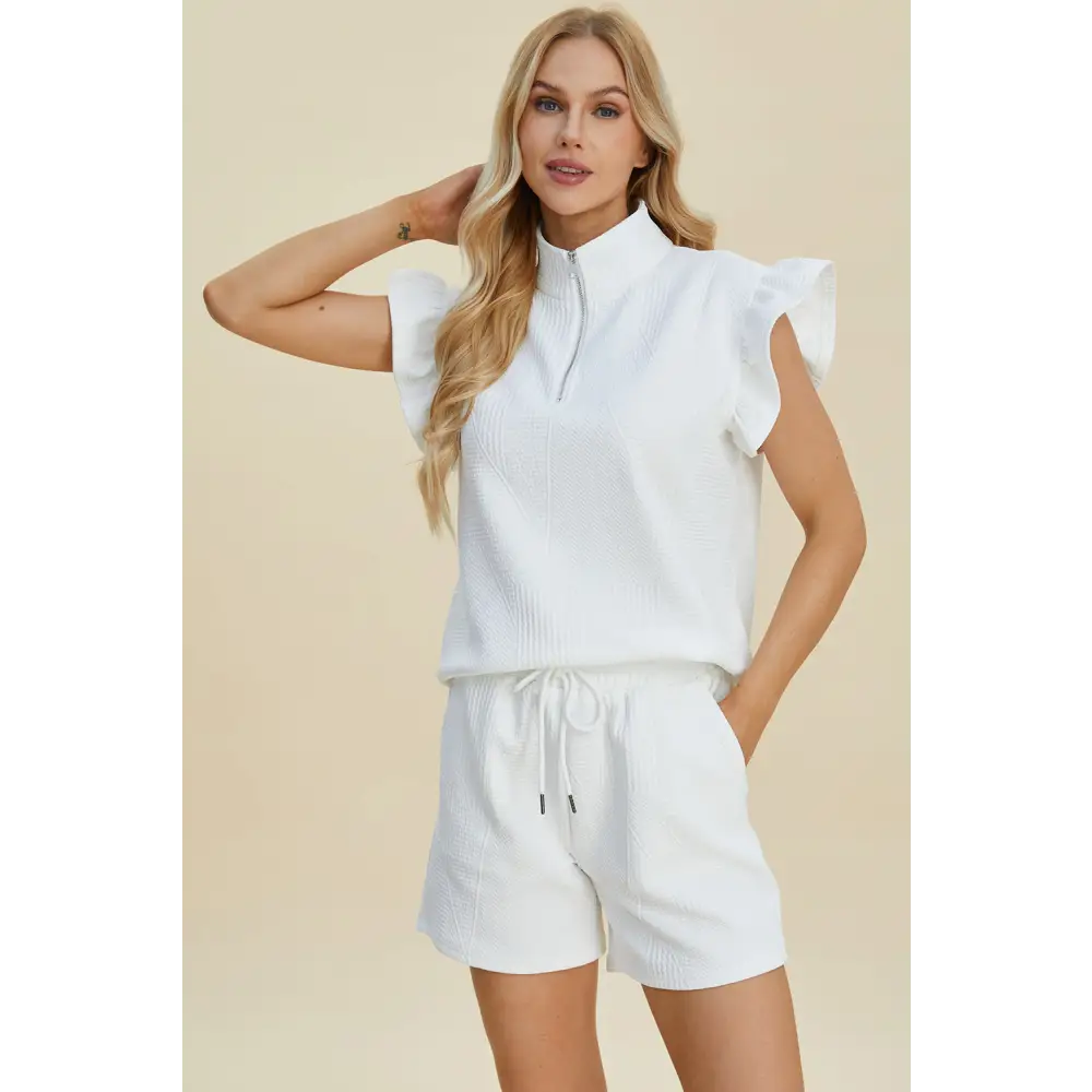 Double Take Full Size Texture Flounce Sleeve Top and Shorts Set.