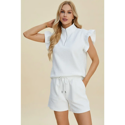 Double Take Full Size Texture Flounce Sleeve Top and Shorts Set.