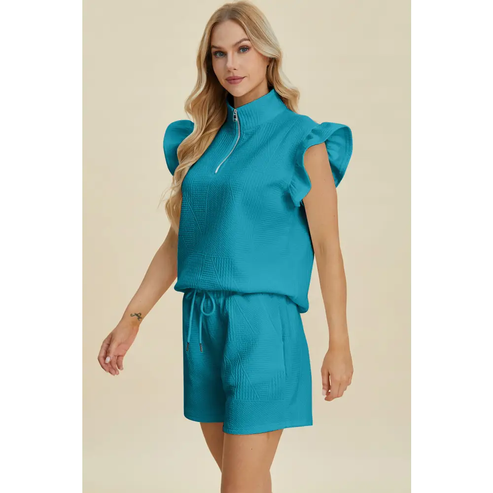 Double Take Full Size Texture Flounce Sleeve Top and Shorts Set - KRIFFA 