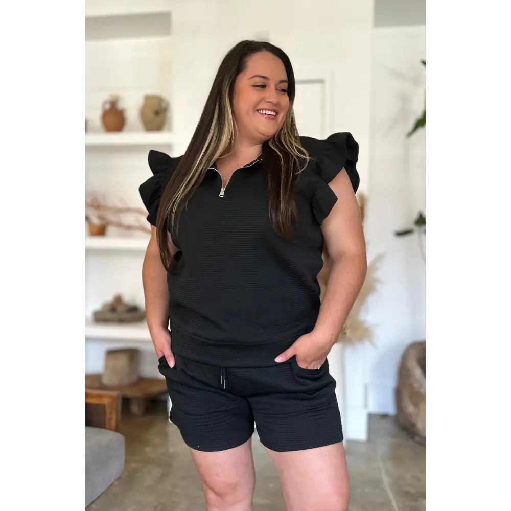 Double Take Full Size Texture Flounce Sleeve Top and Shorts Set.