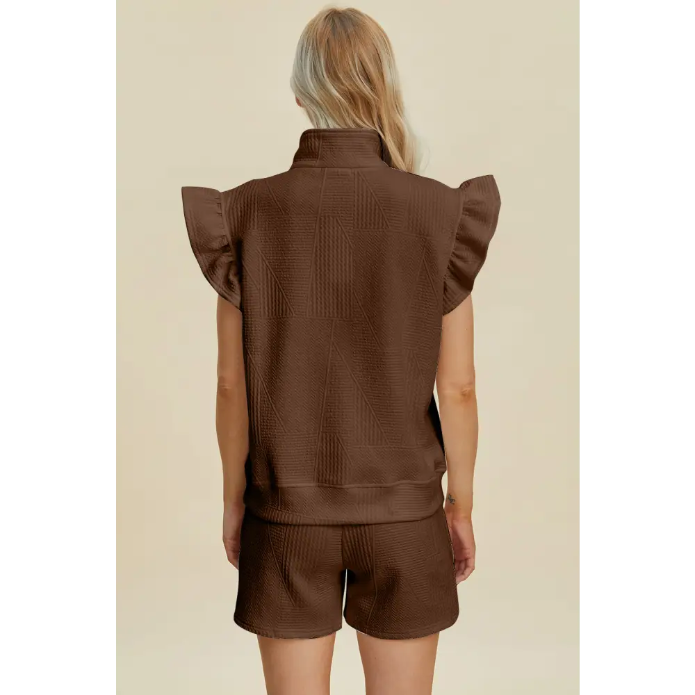 Double Take Full Size Texture Flounce Sleeve Top and Shorts Set - KRIFFA 