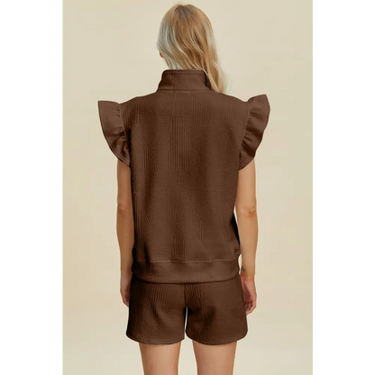 Double Take Full Size Texture Flounce Sleeve Top and Shorts Set - KRIFFA 