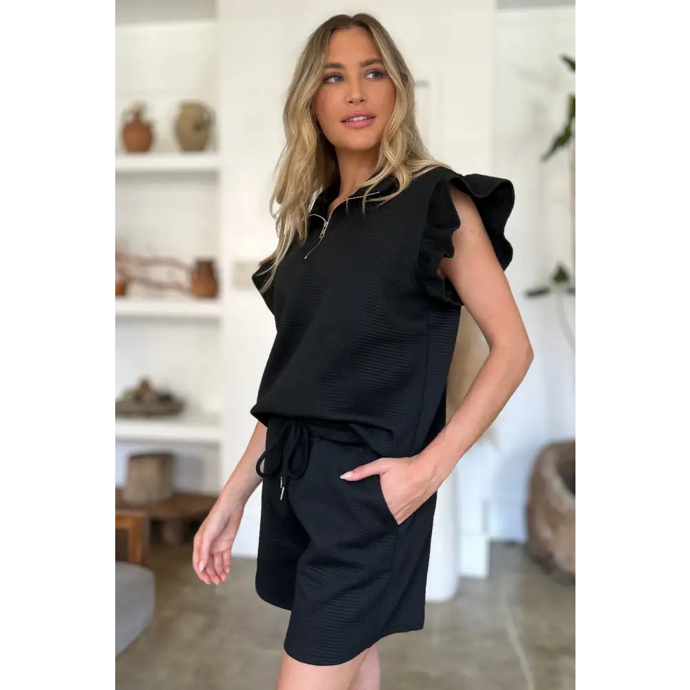 Double Take Full Size Texture Flounce Sleeve Top and Shorts Set.