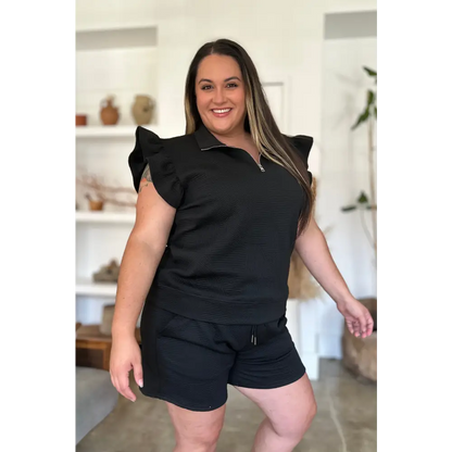 Double Take Full Size Texture Flounce Sleeve Top and Shorts Set.