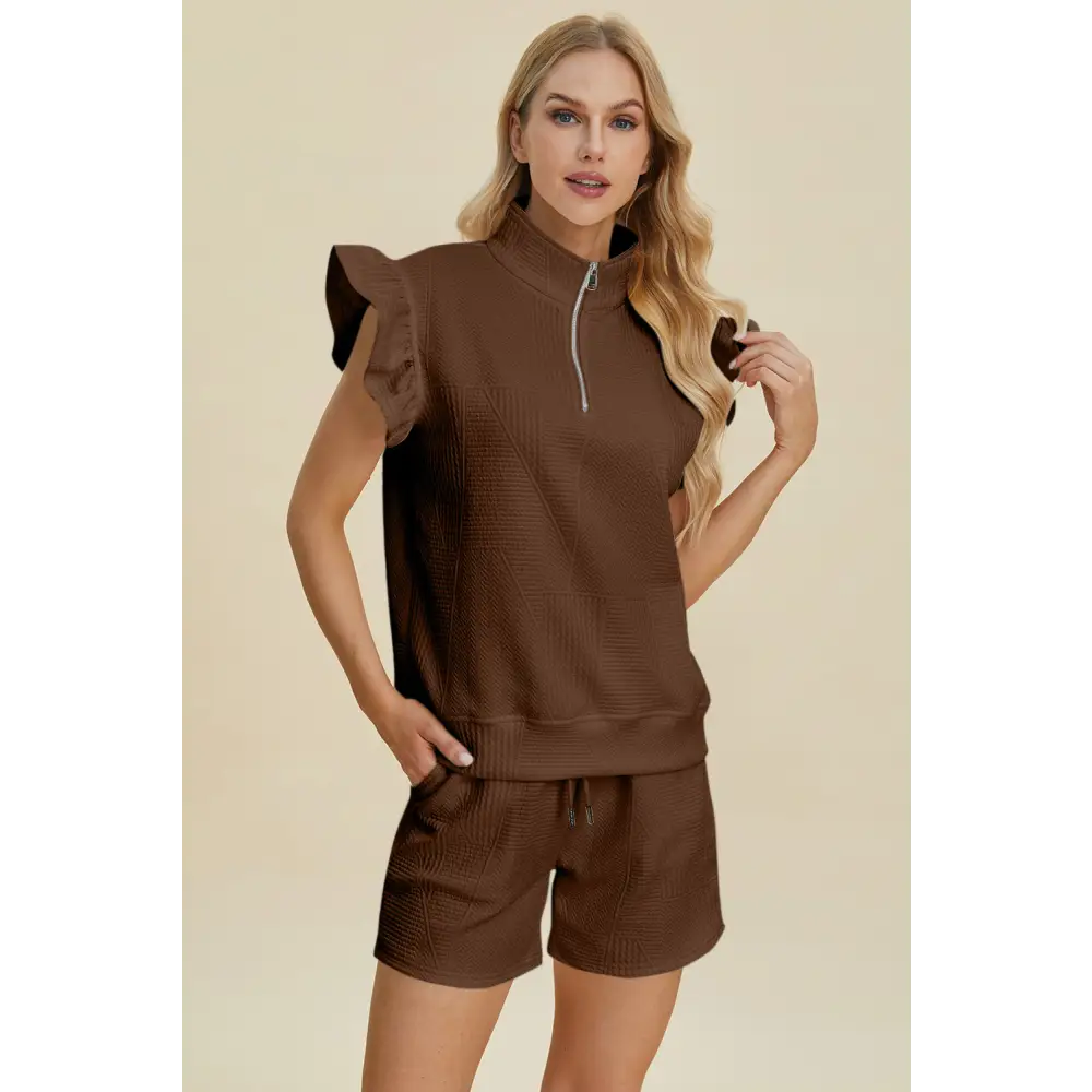 Double Take Full Size Texture Flounce Sleeve Top and Shorts Set - KRIFFA 