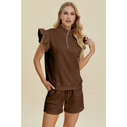 Double Take Full Size Texture Flounce Sleeve Top and Shorts Set - KRIFFA 