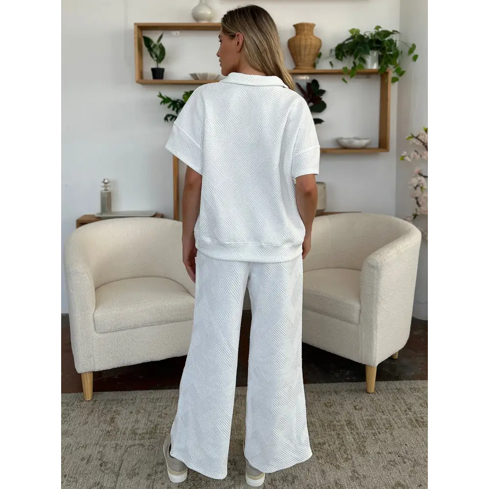 Double Take Full Size Texture Half Zip Short Sleeve Top and Pants Set.