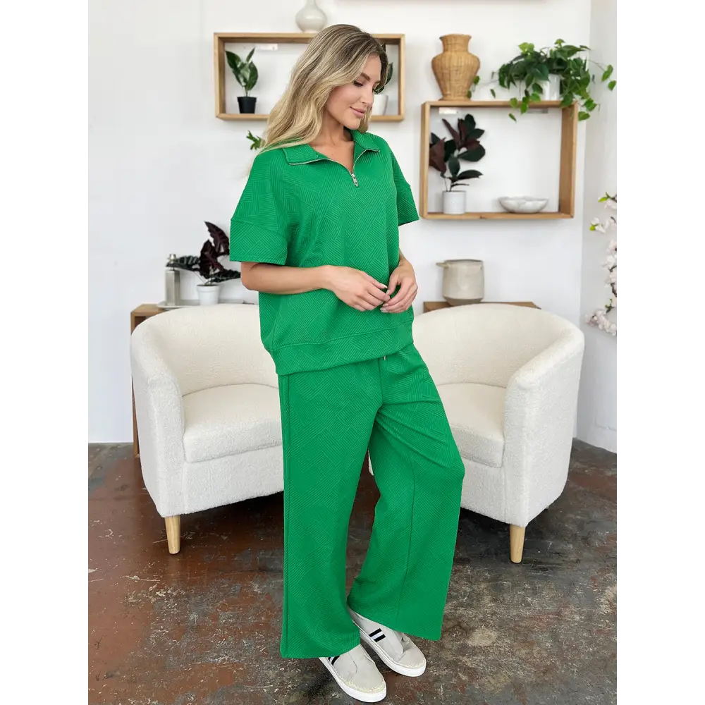 Double Take Full Size Texture Half Zip Short Sleeve Top and Pants Set.