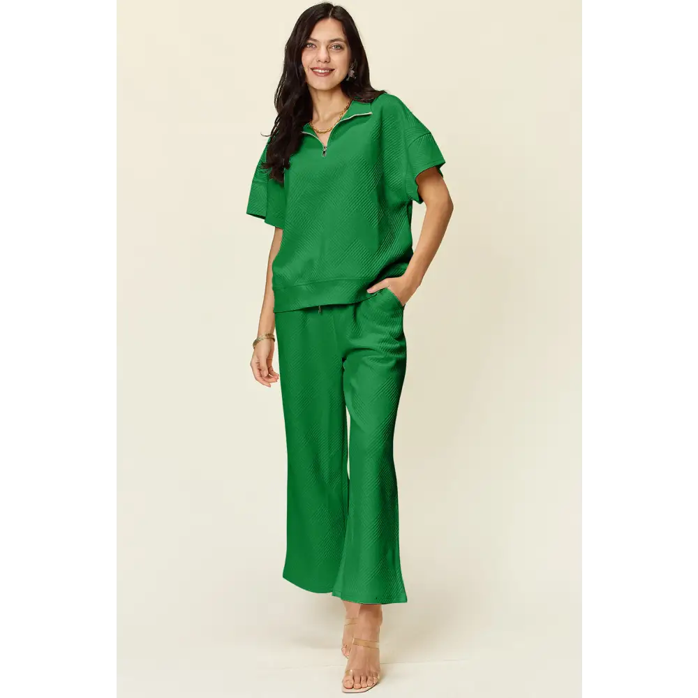 Double Take Full Size Texture Half Zip Short Sleeve Top and Pants Set.