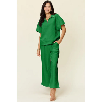 Double Take Full Size Texture Half Zip Short Sleeve Top and Pants Set.