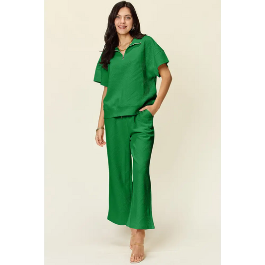 Double Take Full Size Texture Half Zip Short Sleeve Top and Pants Set.