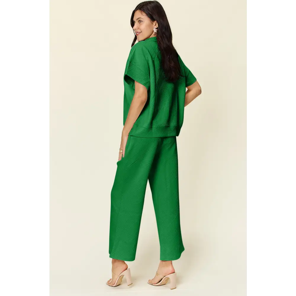 Double Take Full Size Texture Half Zip Short Sleeve Top and Pants Set.
