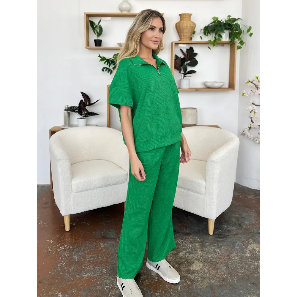 Double Take Full Size Texture Half Zip Short Sleeve Top and Pants Set.