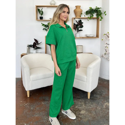 Double Take Full Size Texture Half Zip Short Sleeve Top and Pants Set.