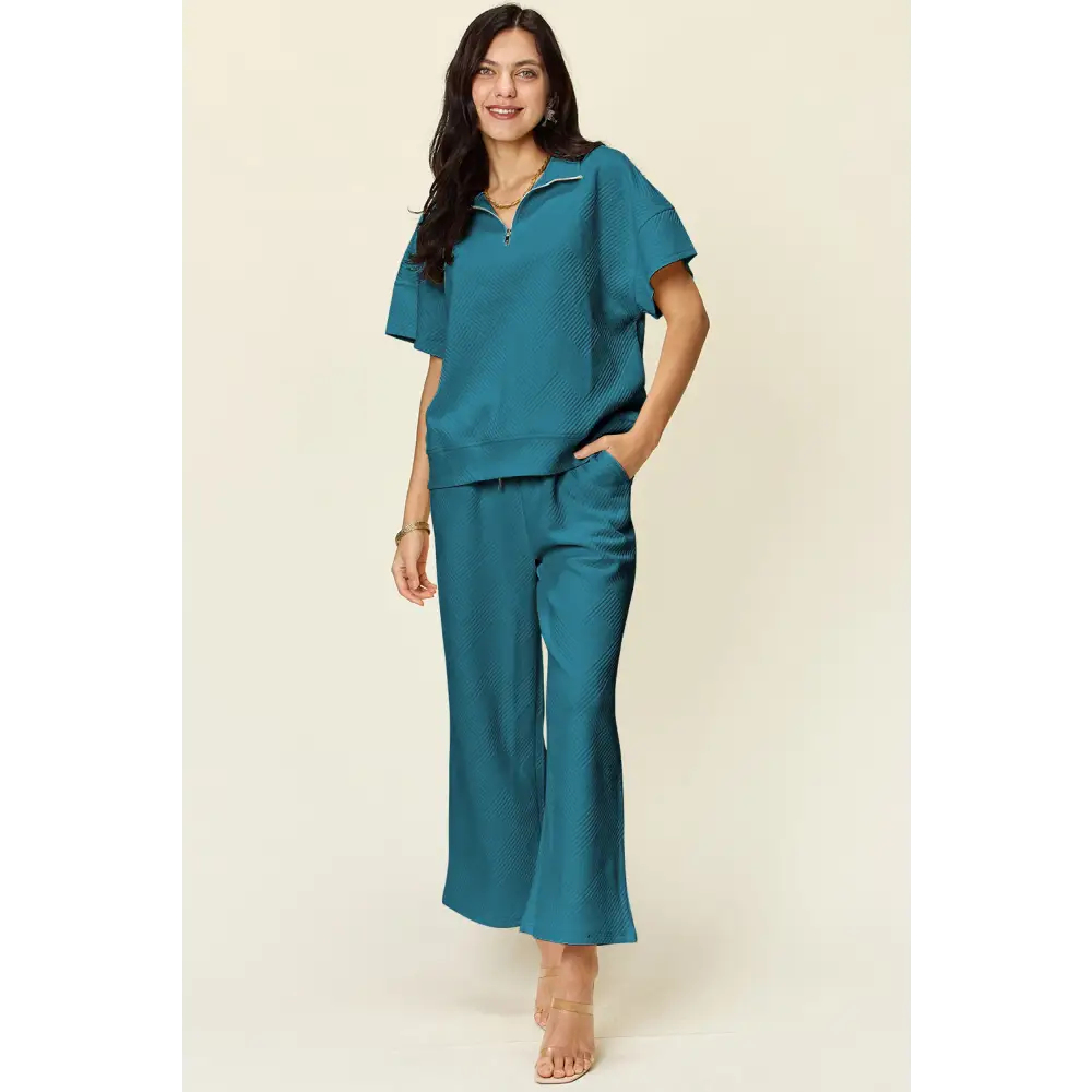 Double Take Full Size Texture Half Zip Short Sleeve Top and Pants Set.