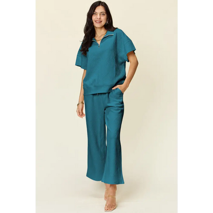 Double Take Full Size Texture Half Zip Short Sleeve Top and Pants Set.