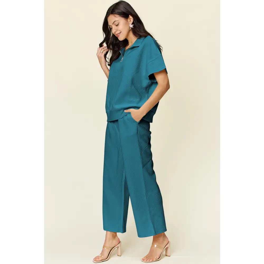 Double Take Full Size Texture Half Zip Short Sleeve Top and Pants Set.