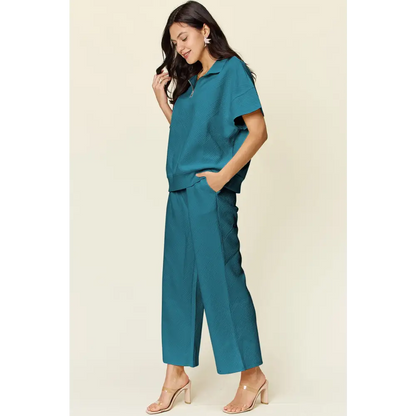 Double Take Full Size Texture Half Zip Short Sleeve Top and Pants Set.