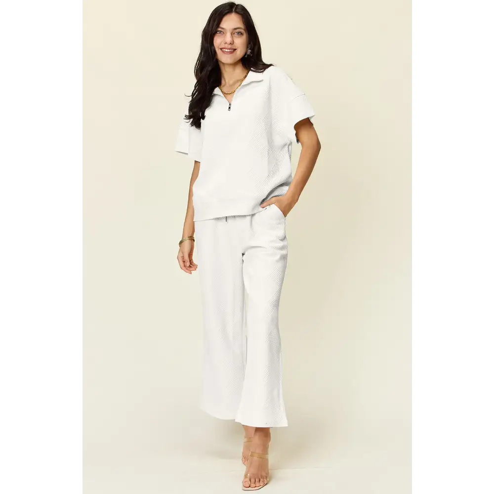 Double Take Full Size Texture Half Zip Short Sleeve Top and Pants Set.