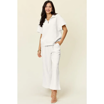 Double Take Full Size Texture Half Zip Short Sleeve Top and Pants Set.