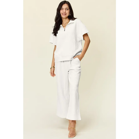 Double Take Full Size Texture Half Zip Short Sleeve Top and Pants Set.