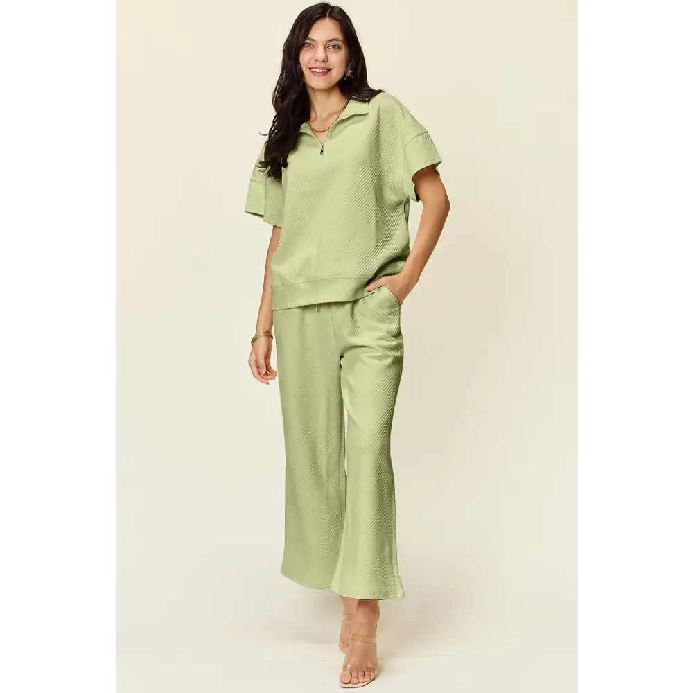 Double Take Full Size Texture Half Zip Short Sleeve Top and Pants Set.