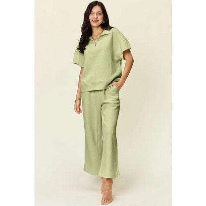 Double Take Full Size Texture Half Zip Short Sleeve Top and Pants Set.