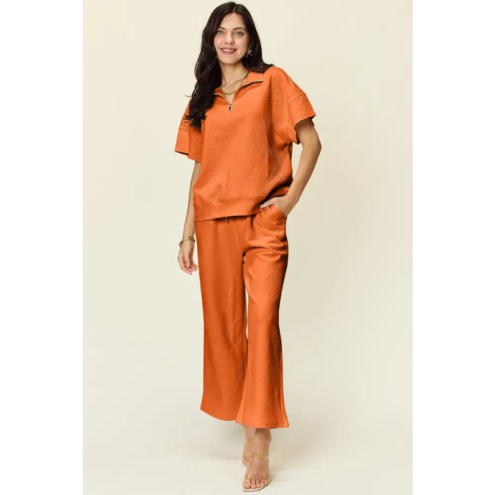 Double Take Full Size Texture Half Zip Short Sleeve Top and Pants Set.