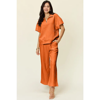 Double Take Full Size Texture Half Zip Short Sleeve Top and Pants Set.