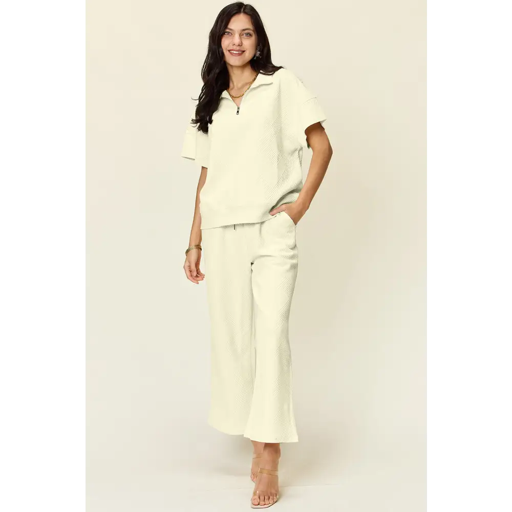 Double Take Full Size Texture Half Zip Short Sleeve Top and Pants Set.