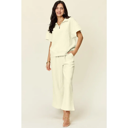 Double Take Full Size Texture Half Zip Short Sleeve Top and Pants Set.