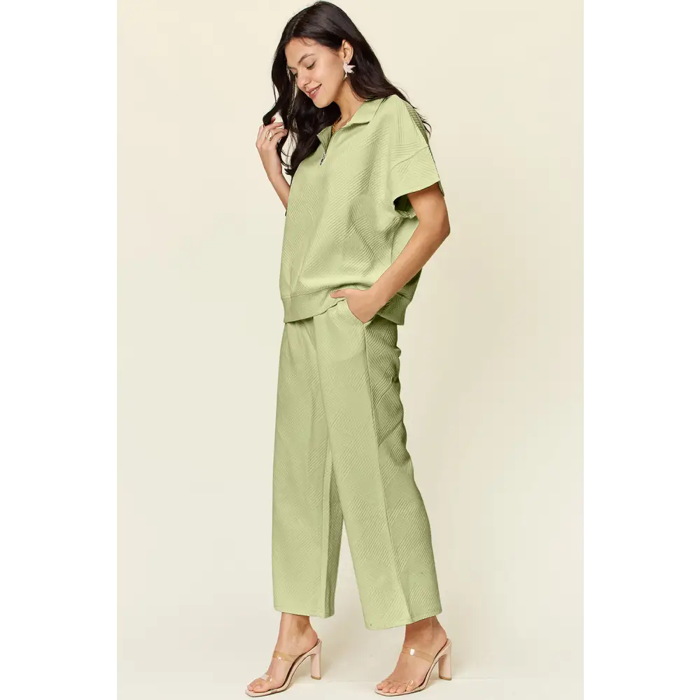 Double Take Full Size Texture Half Zip Short Sleeve Top and Pants Set.
