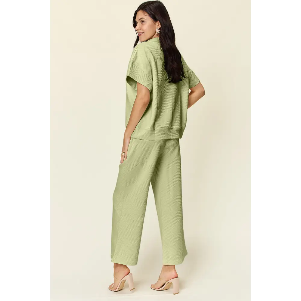 Double Take Full Size Texture Half Zip Short Sleeve Top and Pants Set.