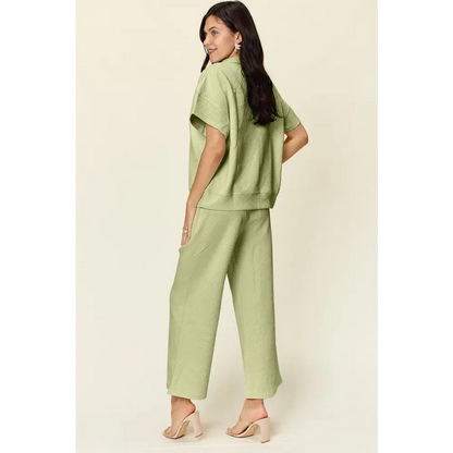 Double Take Full Size Texture Half Zip Short Sleeve Top and Pants Set.