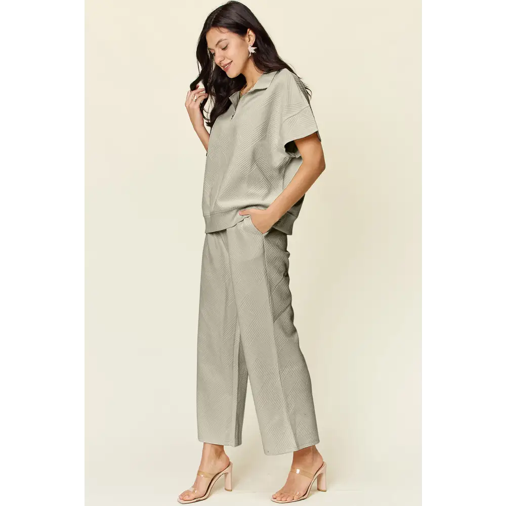 Double Take Full Size Texture Half Zip Short Sleeve Top and Pants Set.