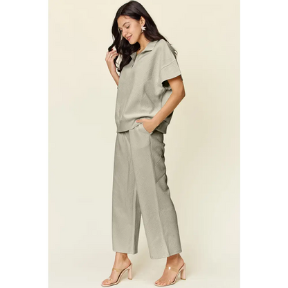 Double Take Full Size Texture Half Zip Short Sleeve Top and Pants Set.