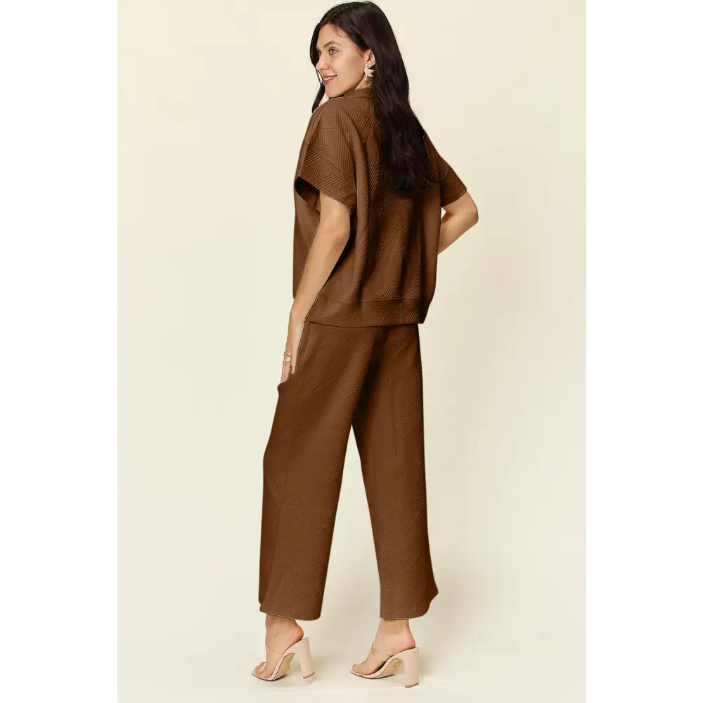 Double Take Full Size Texture Half Zip Short Sleeve Top and Pants Set.