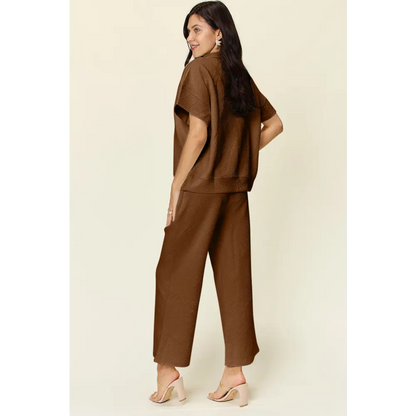 Double Take Full Size Texture Half Zip Short Sleeve Top and Pants Set.