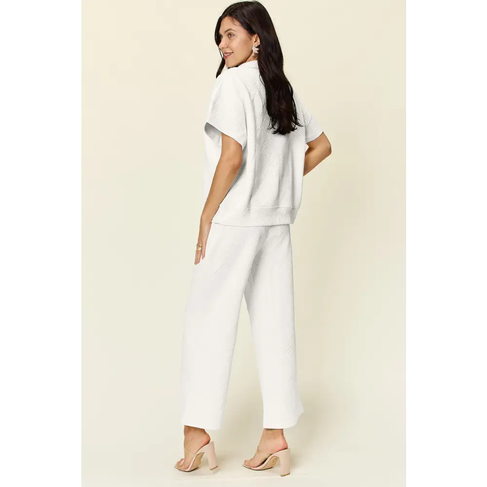 Double Take Full Size Texture Half Zip Short Sleeve Top and Pants Set.