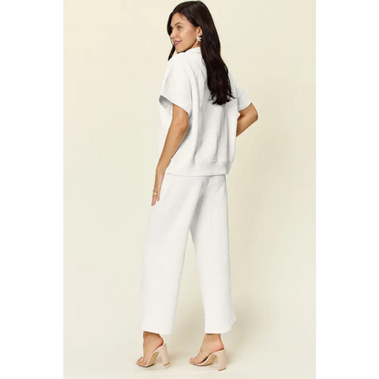 Double Take Full Size Texture Half Zip Short Sleeve Top and Pants Set.