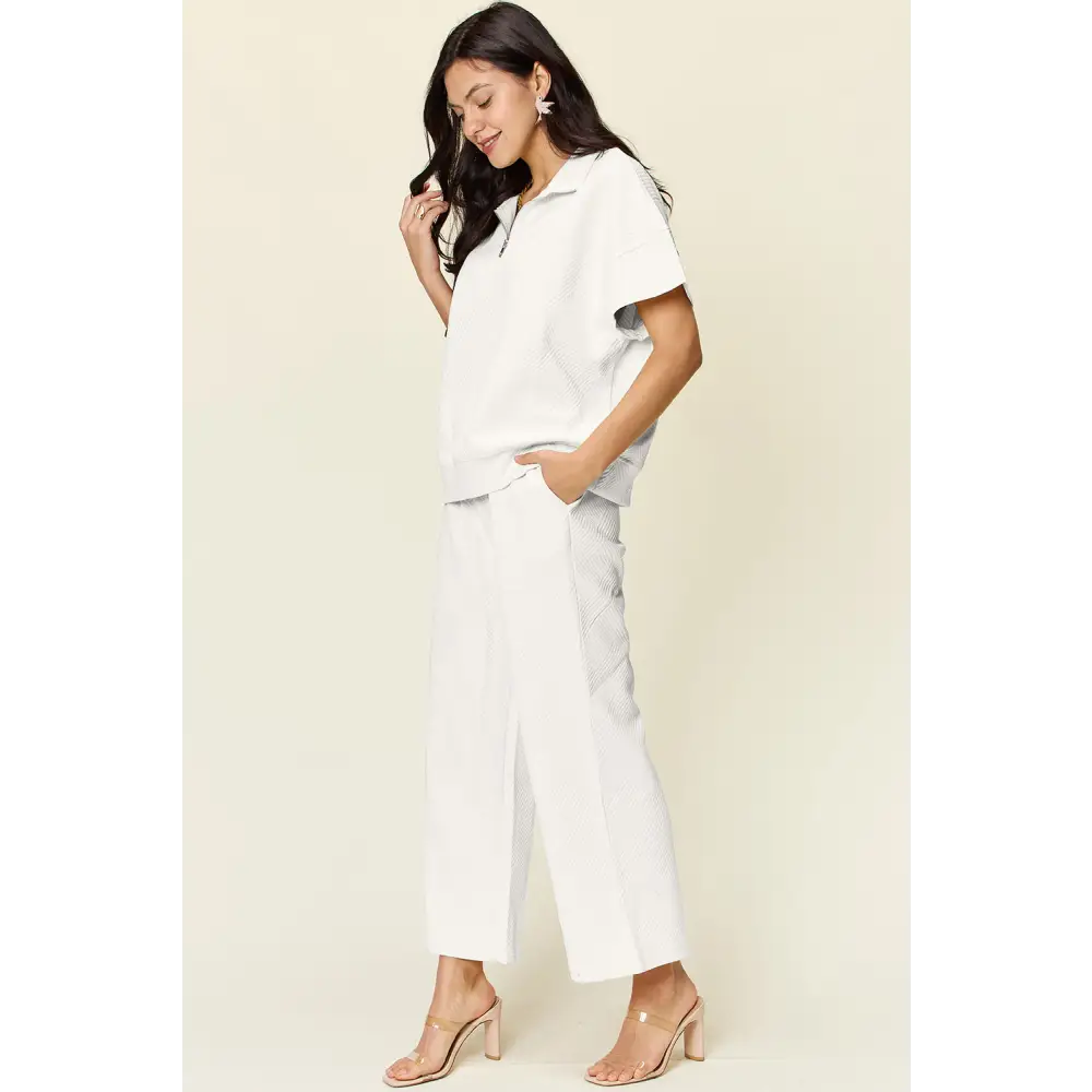 Double Take Full Size Texture Half Zip Short Sleeve Top and Pants Set.