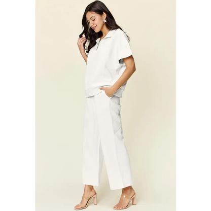 Double Take Full Size Texture Half Zip Short Sleeve Top and Pants Set.