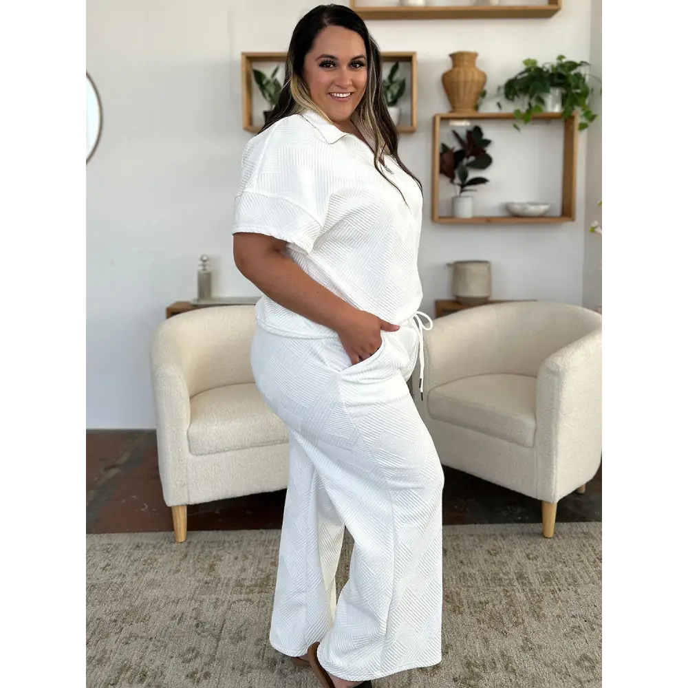Double Take Full Size Texture Half Zip Short Sleeve Top and Pants Set.