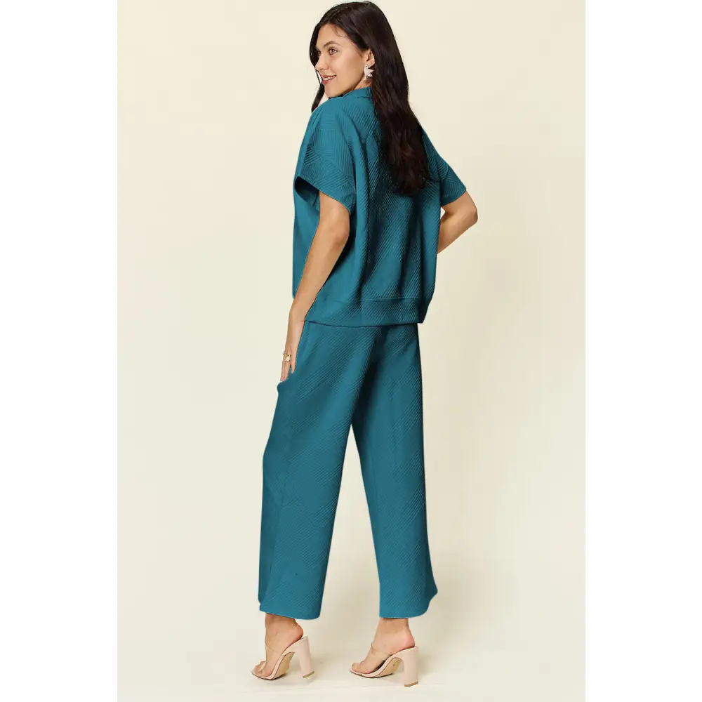 Double Take Full Size Texture Half Zip Short Sleeve Top and Pants Set.
