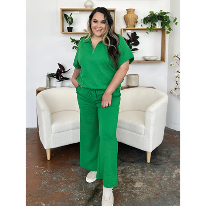 Double Take Full Size Texture Half Zip Short Sleeve Top and Pants Set.