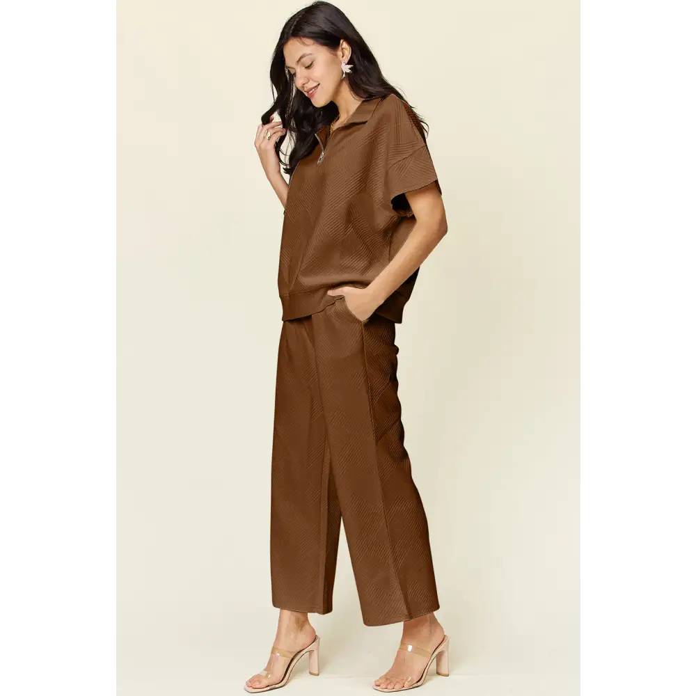 Double Take Full Size Texture Half Zip Short Sleeve Top and Pants Set.