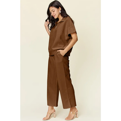 Double Take Full Size Texture Half Zip Short Sleeve Top and Pants Set.