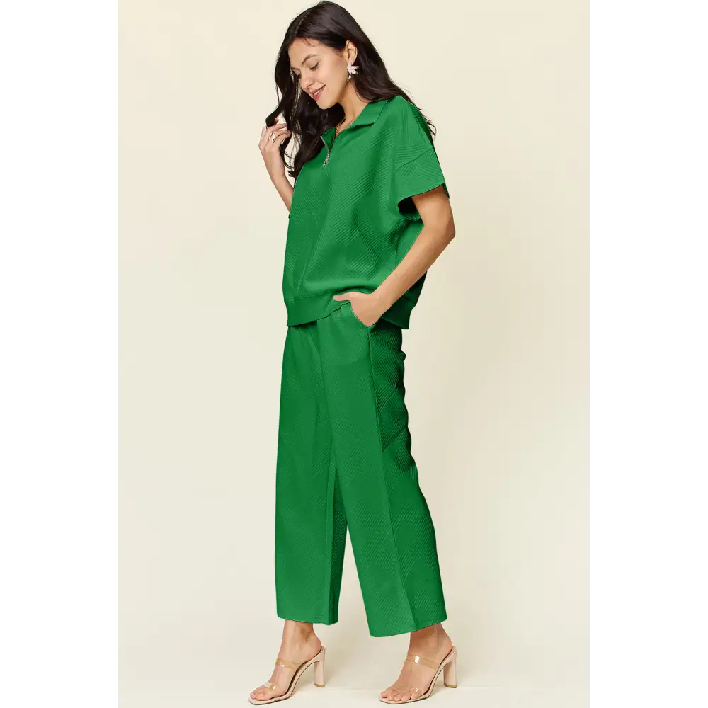 Double Take Full Size Texture Half Zip Short Sleeve Top and Pants Set.